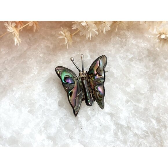 Butterfly Shaped Mexican Made Abalone Shell Inlay Vintage Sterling Silver Brooch - Picture 10 of 10